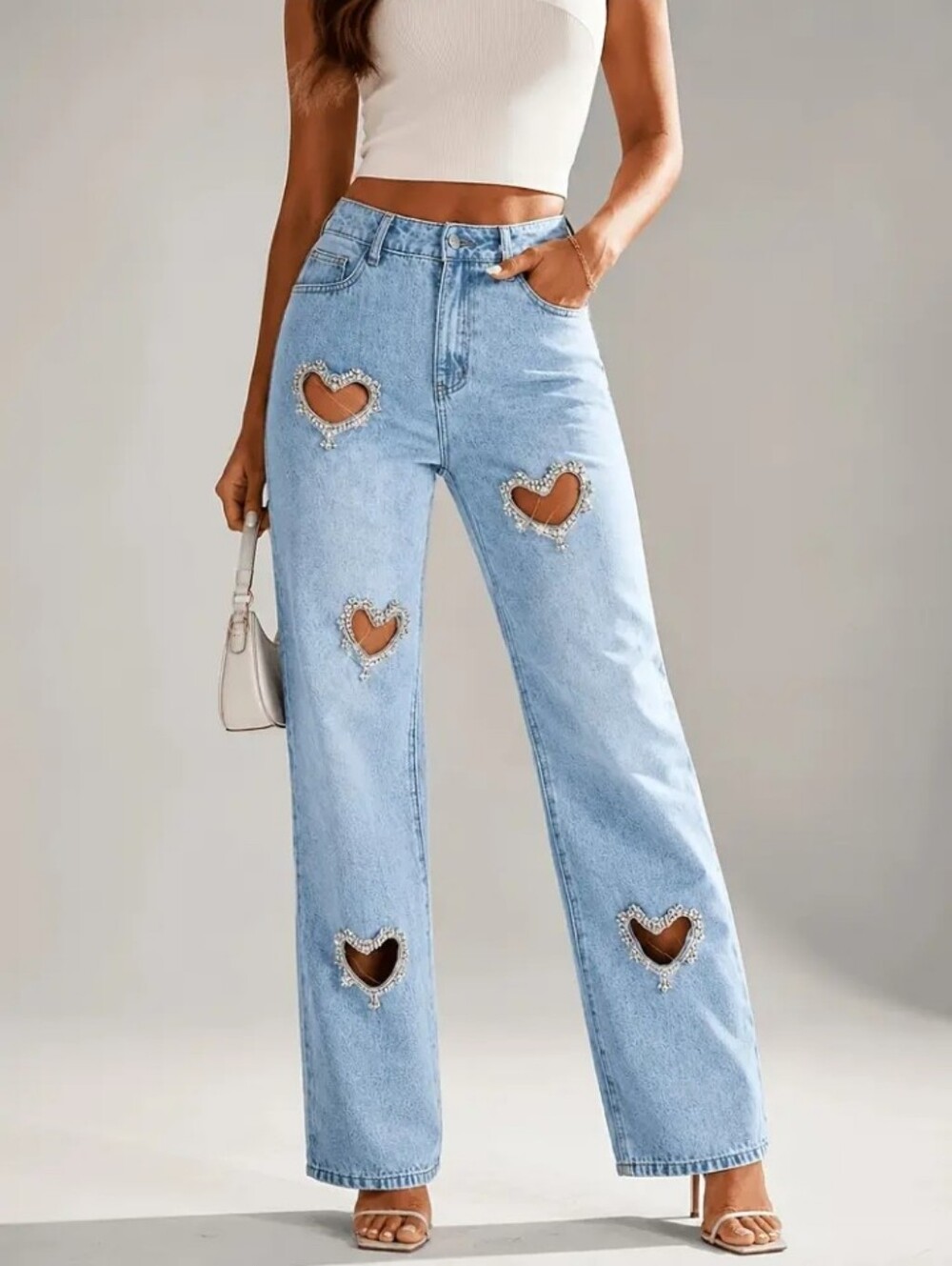 Women'S High-Waist Wide-Leg Jeans, Heart-Shaped Rhinestone Cutout Jeans
